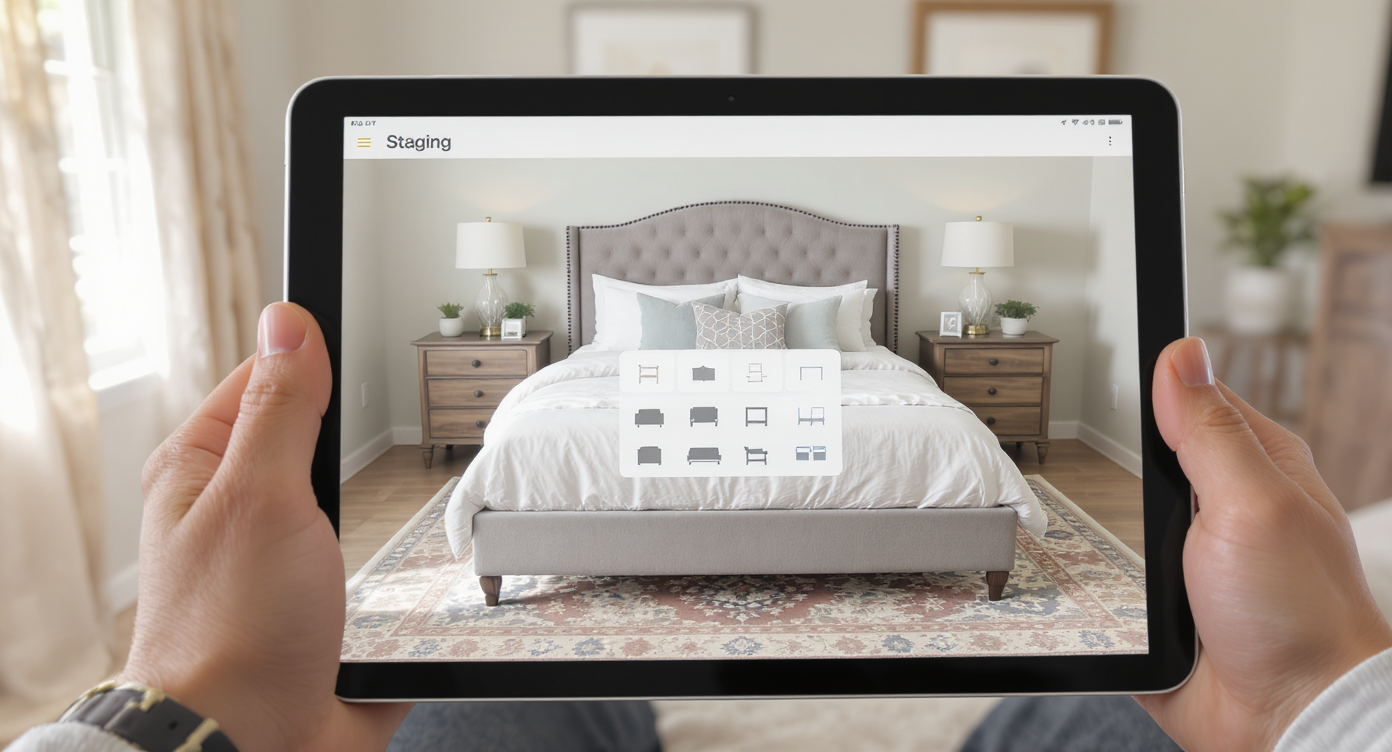 Person holding tablet showing virtual staging app overlaying furniture options on photo of a neat bedroom with straight bed.