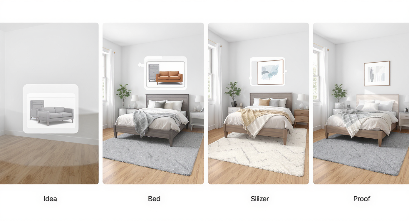 Four-step visual sequence showing uploading room photo, adding furniture, adjusting layout, and final staged bedroom image.