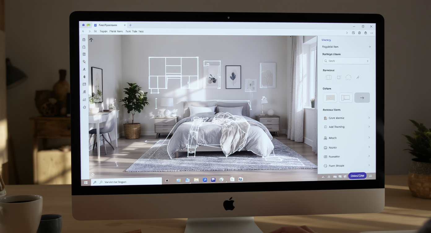 Computer screen showing virtual staging software interface with bedroom photo and draggable furniture options.