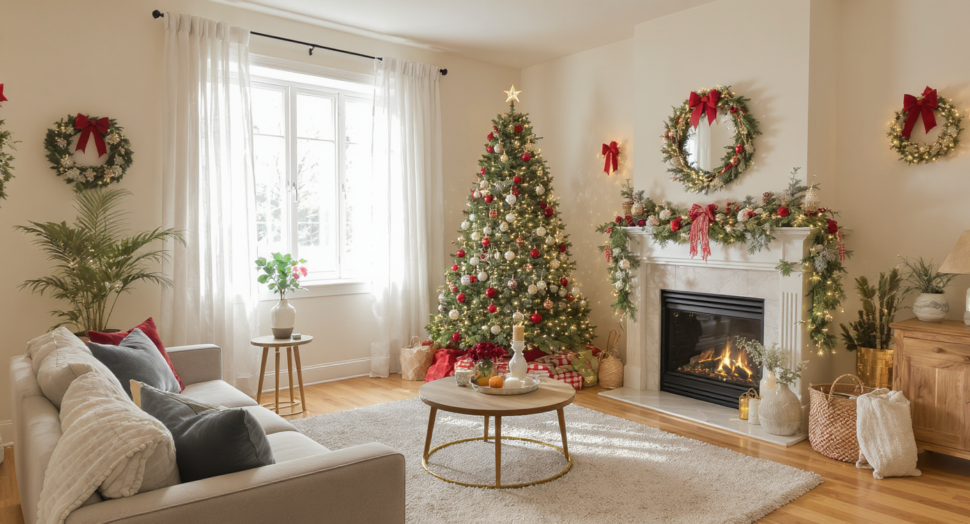 Modern empty living room digitally staged with realistic AI holiday decorations including tree and wreaths.