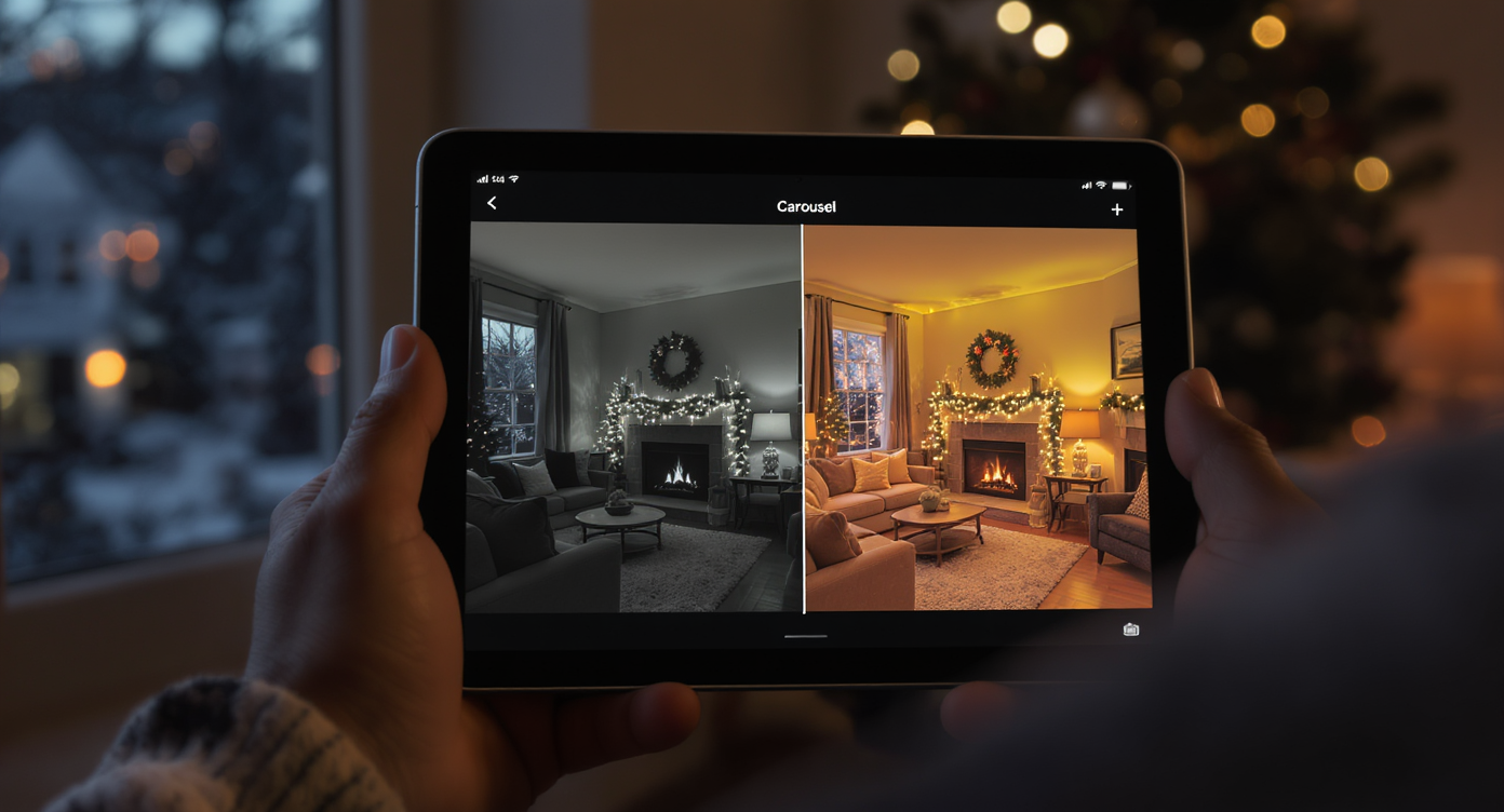 Tablet showing side-by-side room photos before and after adding warm Christmas decor in twilight setting.