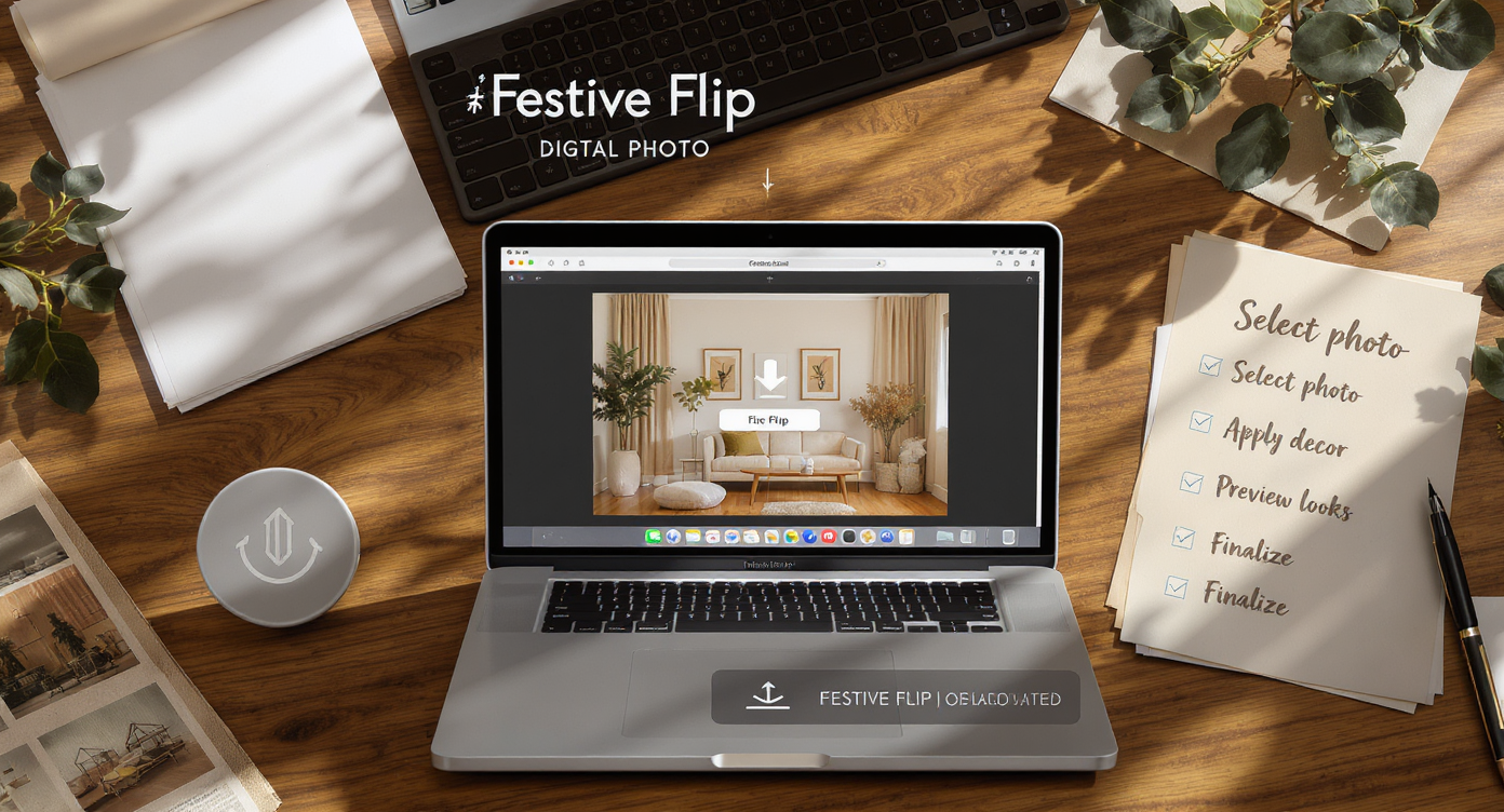 Flat lay showing laptop with Festive Flip interface and checklist of holiday staging steps on wood desk.