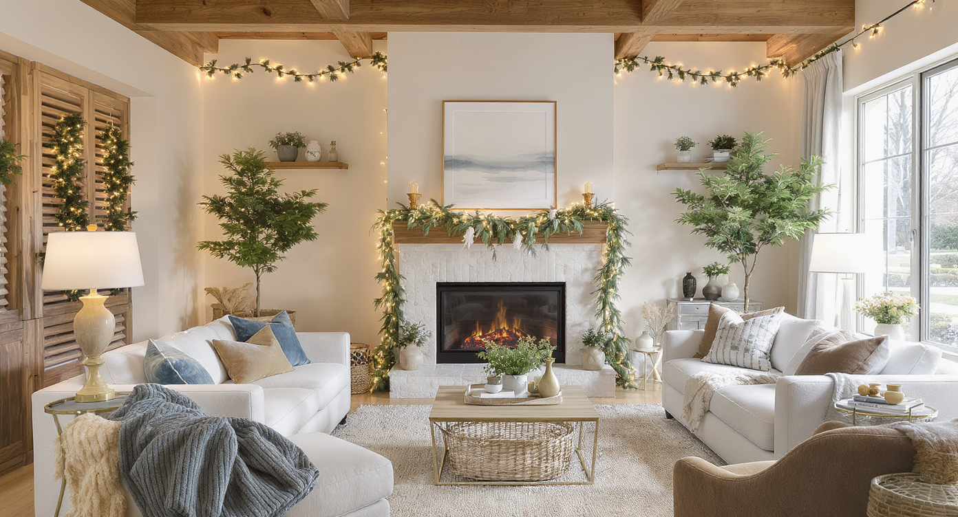 Modern living room showing digitally staged garlands and twinkle lights harmonizing with architecture and palette.