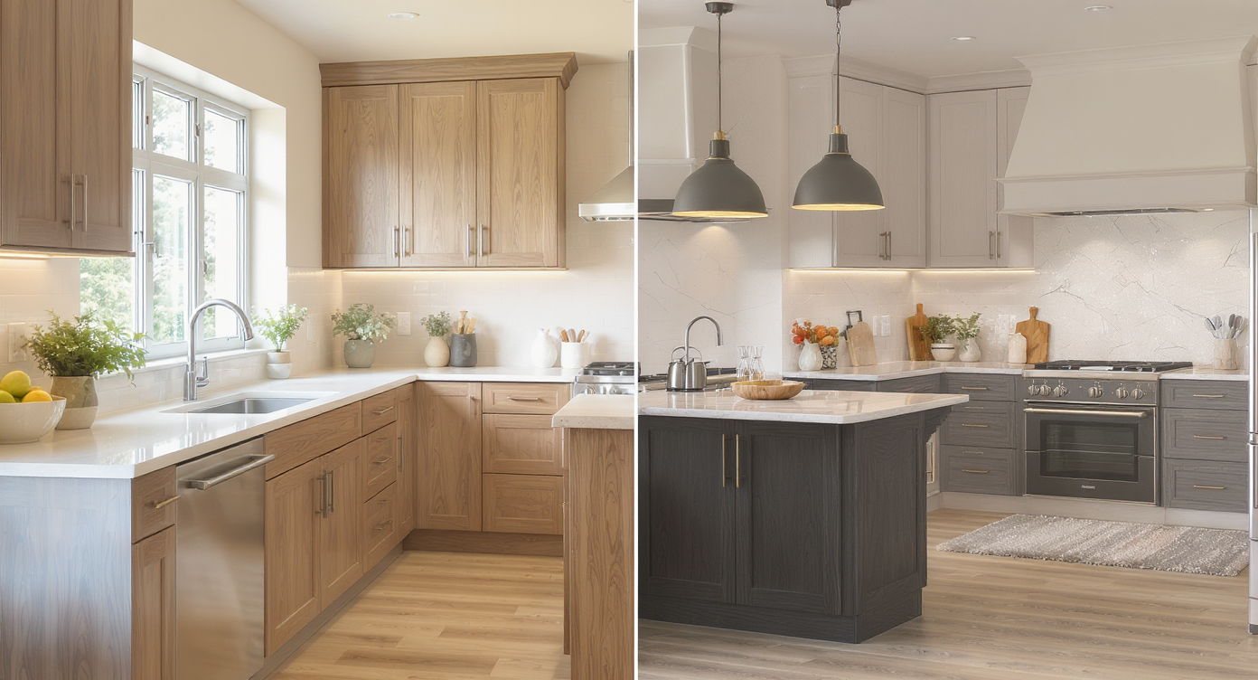 A single kitchen space showcasing multiple finish and lighting options layered on top of the room photo, highlighting style variations.