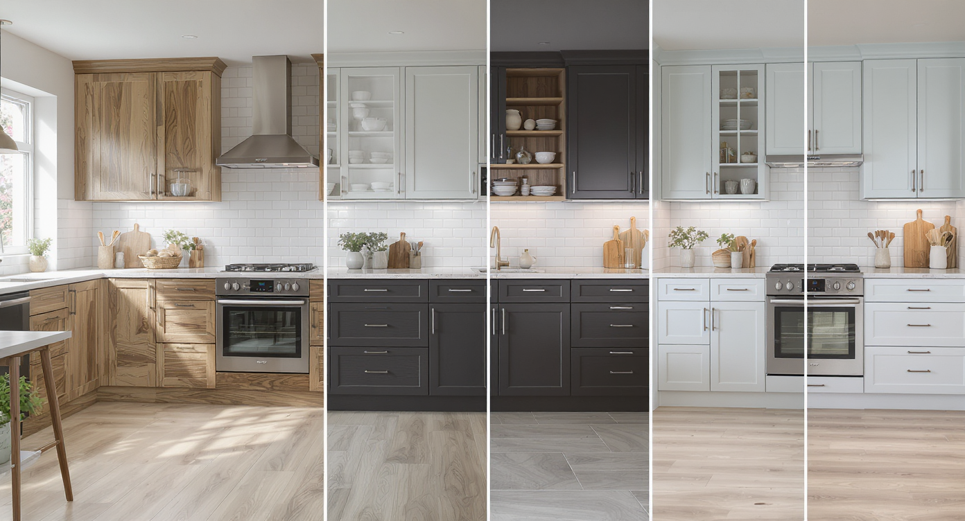 Sequence showing a kitchen photo transformed with AI-generated design variations of cabinets, counters, and lighting effects.