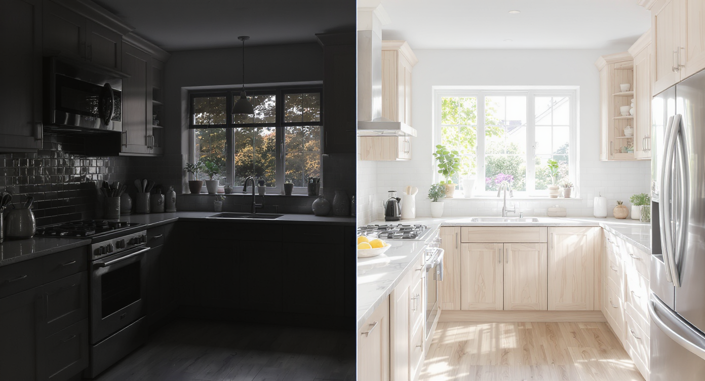 Kitchen interior split to show how lighting and finishes impact space perception and ambiance, from moody dark to bright and clean.