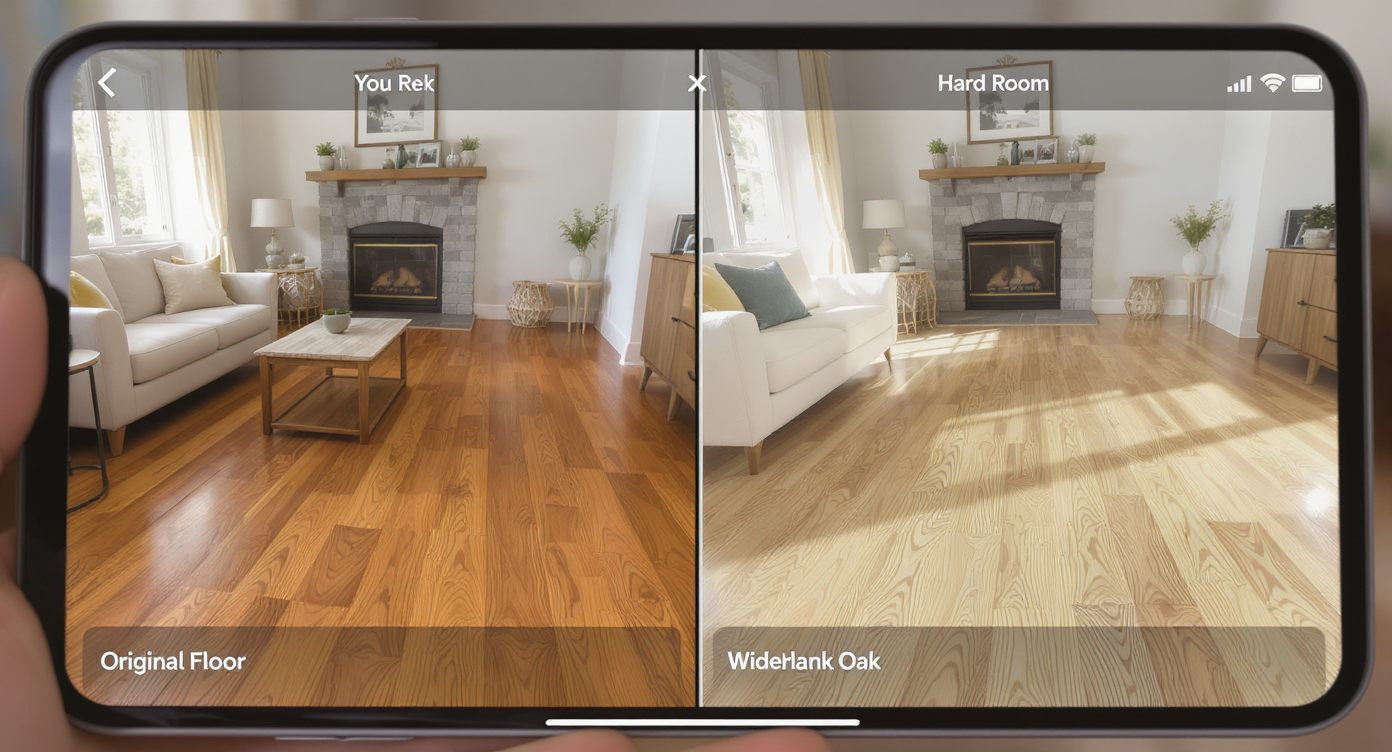 Digital comparison of refinished hardwood floor and new wide-plank oak flooring previews in a cozy room setting.