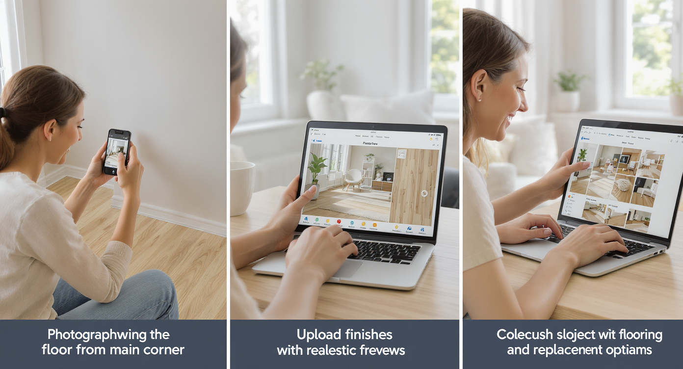 Homeowner capturing floor photo, uploading it, and viewing AI-generated flooring options side-by-side on a laptop screen.