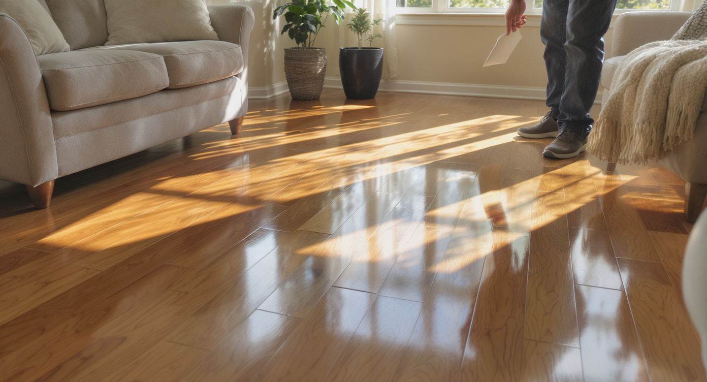 Living room with floor finish samples on hardwood floor and homeowner assessing light and sheen for realism.