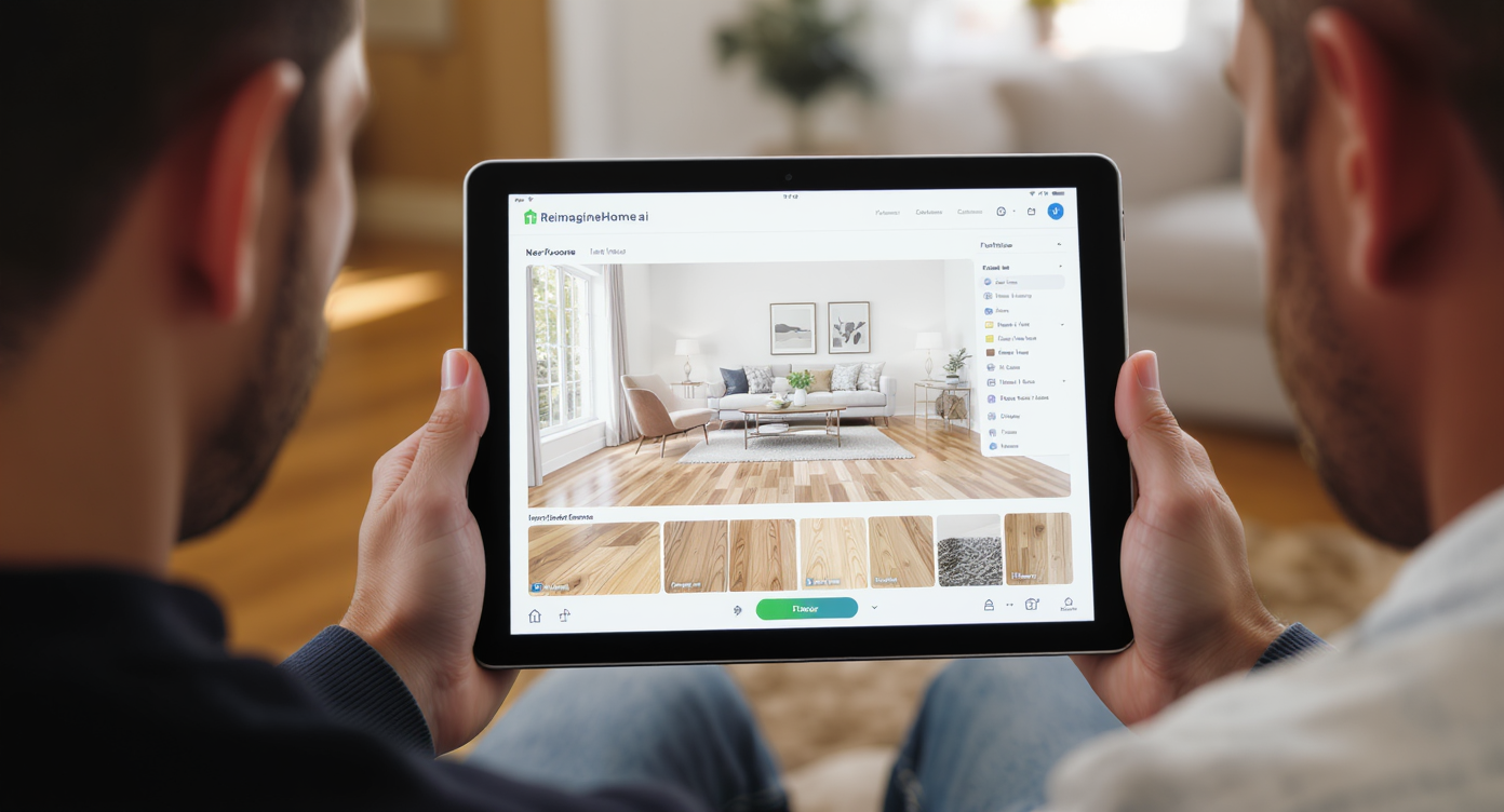 Designer showing homeowners realistic AI-generated hardwood floor finish options on a tablet in a sunlit living room.