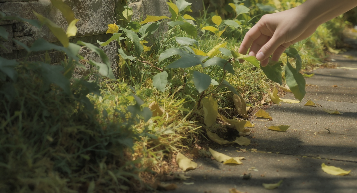 Close-up exterior details showing natural lawn edges, leaf shadows, and plant textures for realistic seasonal edits.