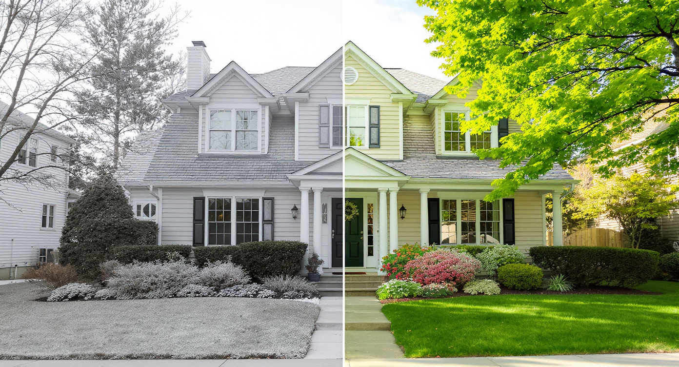 Split image of house exterior contrasting winter's bare lawn and summer's lush green yard with blooming flowers and full trees under clear sky.