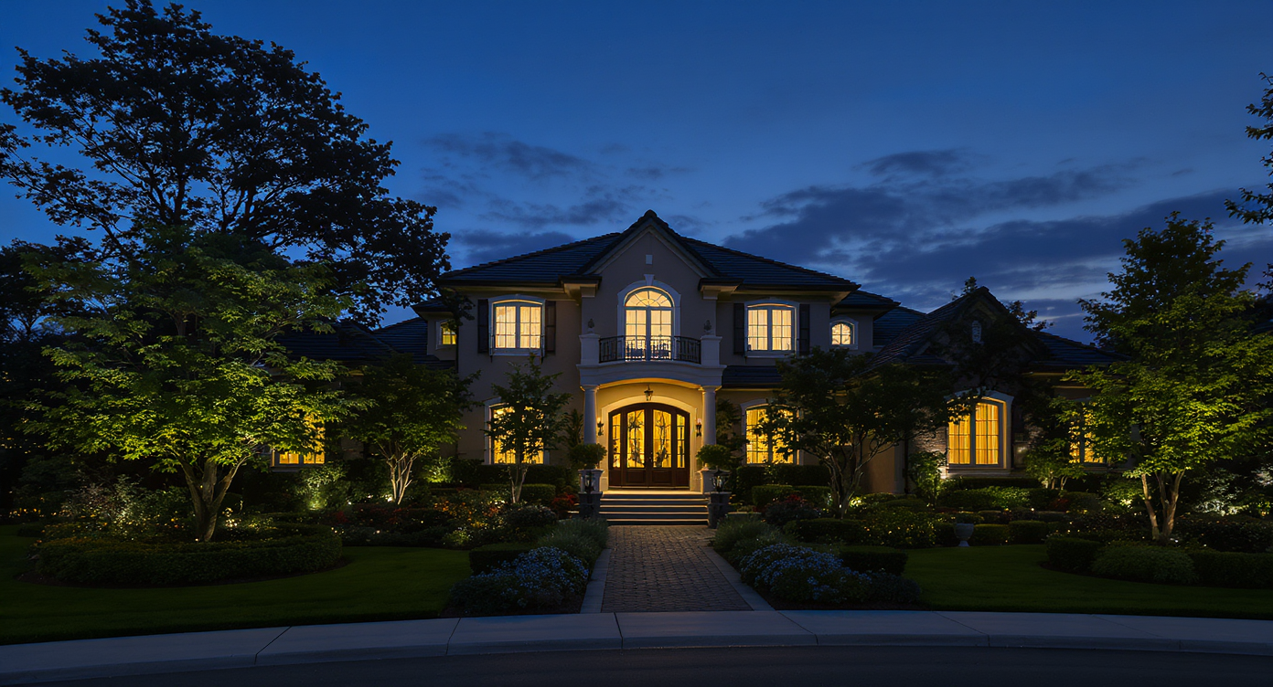 Twilight exterior of a home with glowing indoor lights, lush green landscaping, and a serene dusk sky enhancing visual appeal.