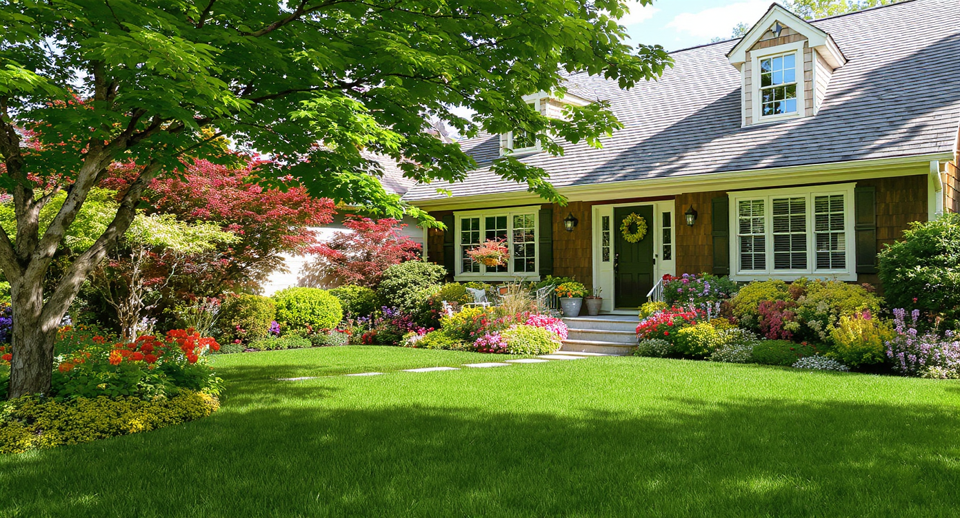 Realistic summer house exterior with green grass, blooming flowerbeds, leafy trees, and natural daylight enhancing vibrancy.