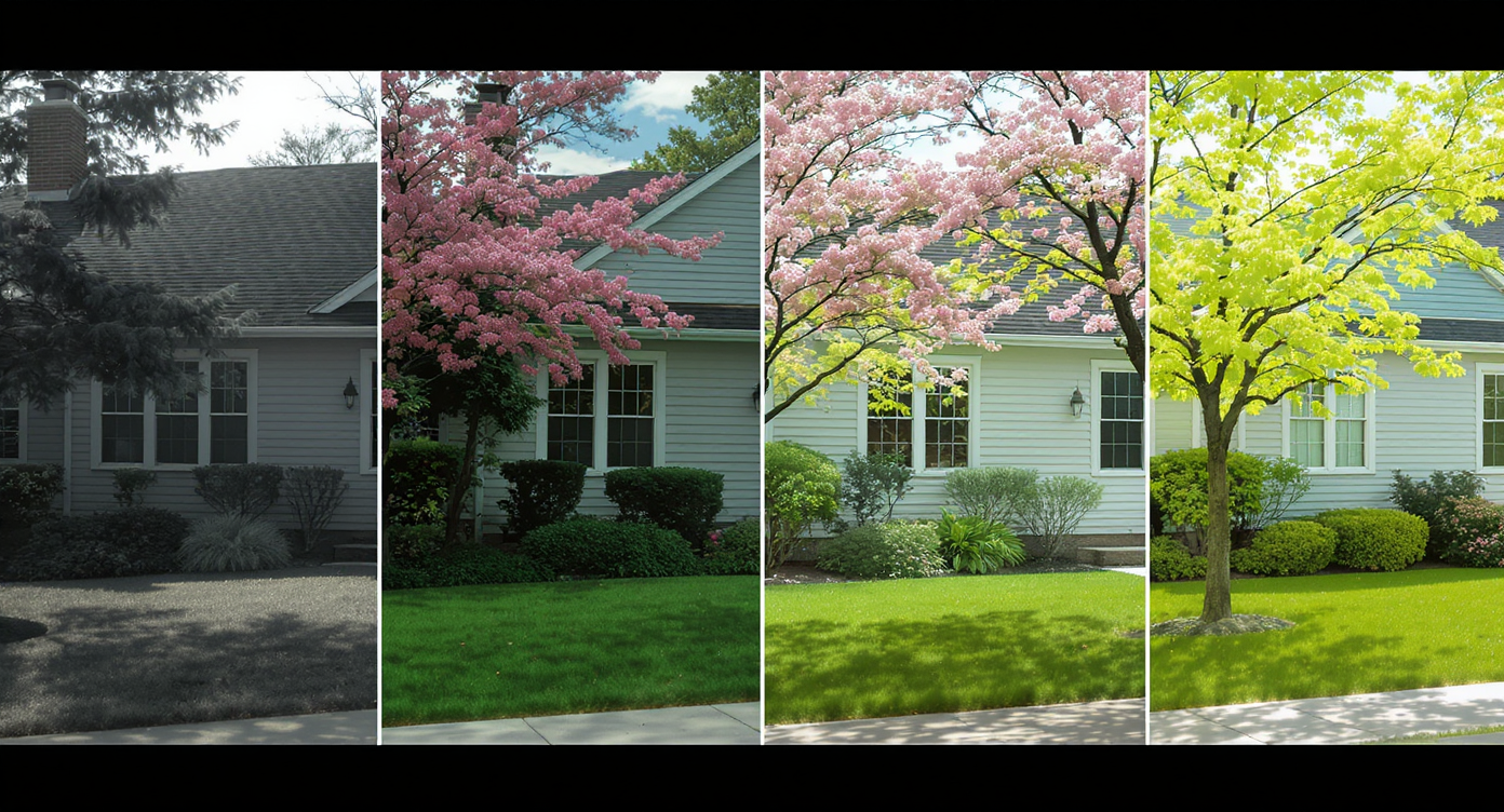 Four-panel image showing a home's exterior transforming from bare winter yard to lush summer garden in gradual daylight stages.