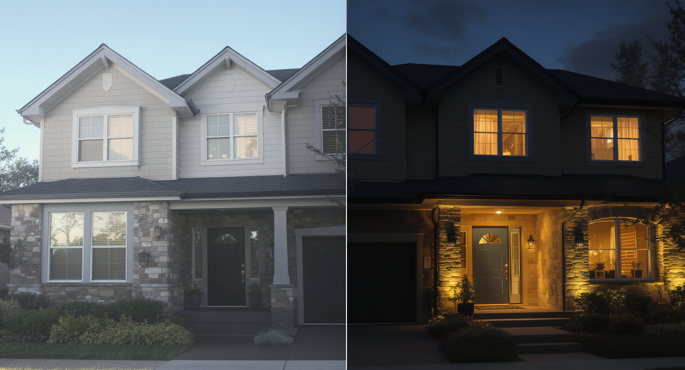 Modern home exterior comparison with harsh midday light on left and warm twilight lighting on right.