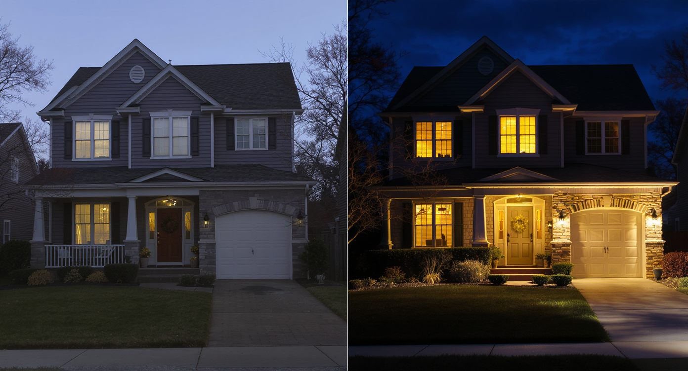 Daytime photo of flat exterior paired with a warm, textured twilight version enhancing architectural features.