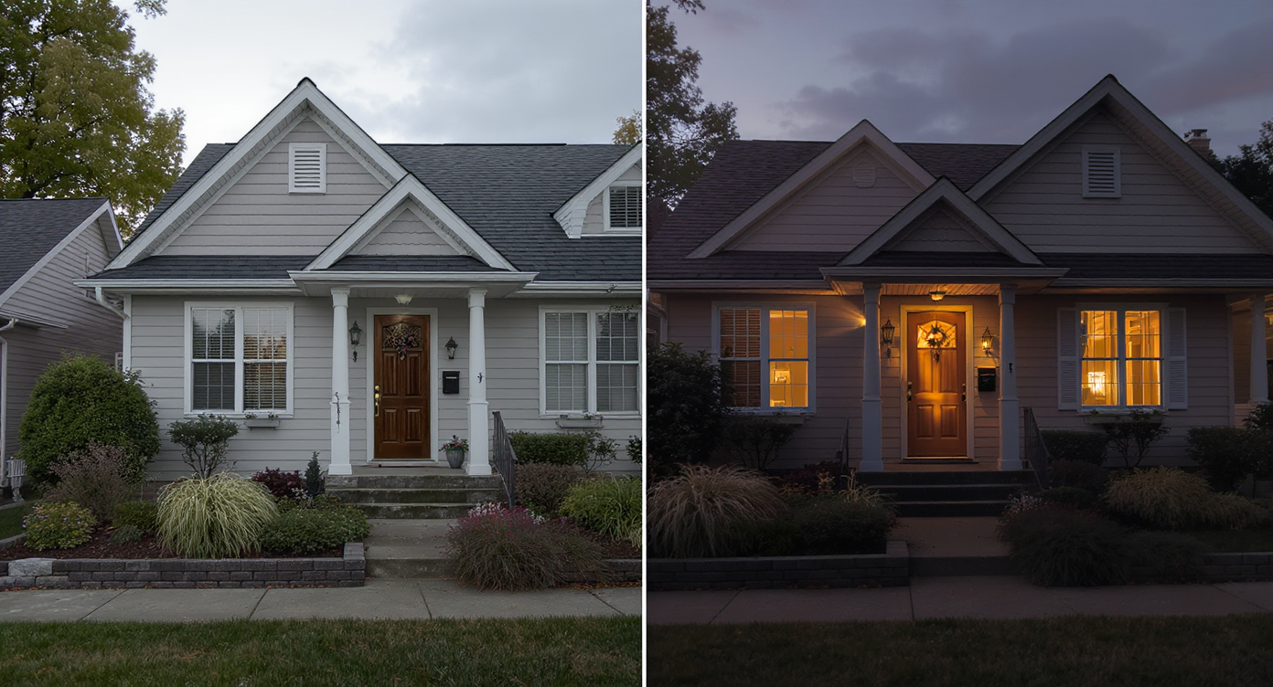 Storyboard showing progression from daylight exterior photo through AI dusk conversion to final twilight image.