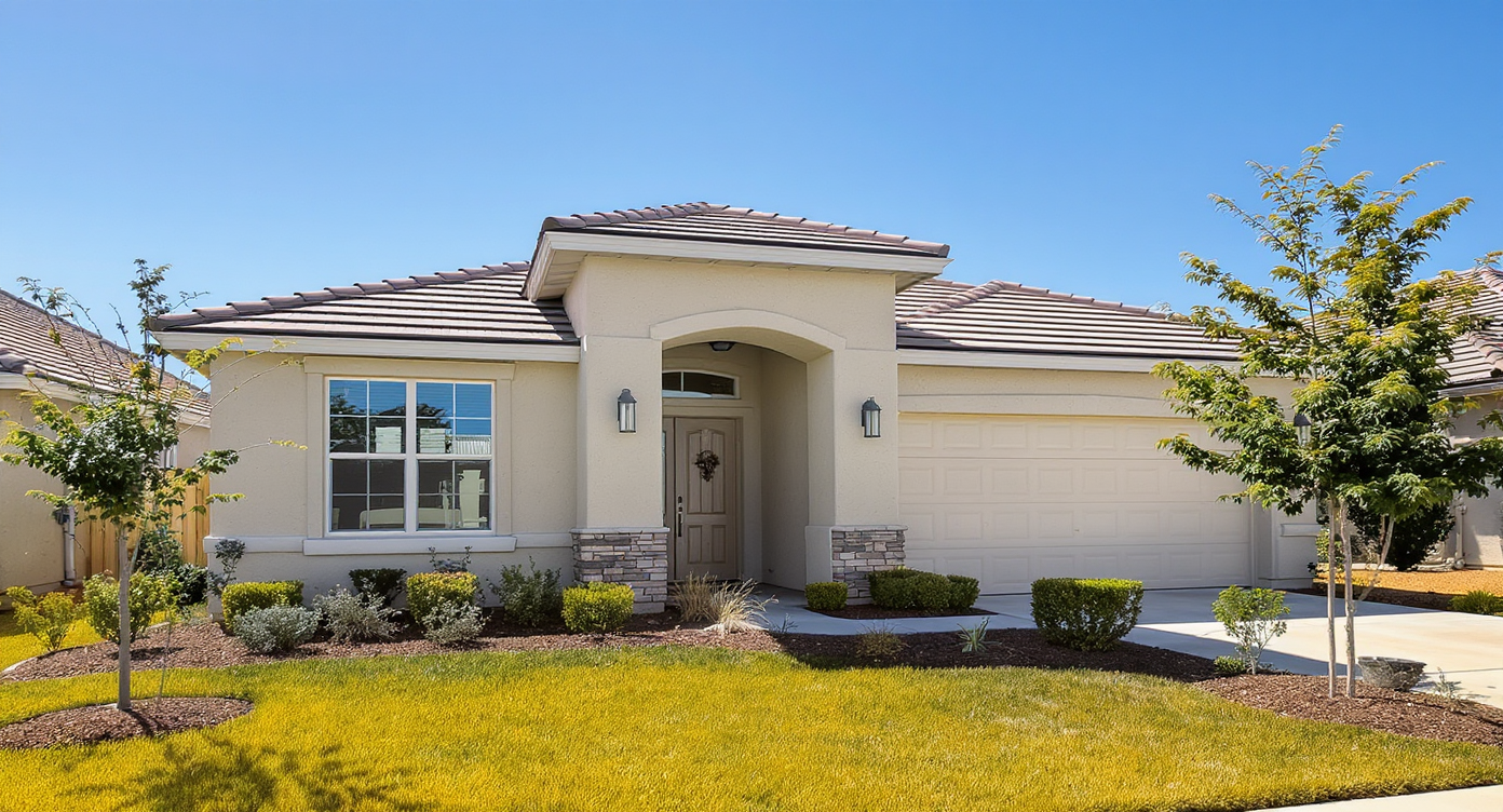 Daytime exterior of a modern home with bright sunlight, sharp shadows, beige walls, and trimmed bushes under a clear blue sky.