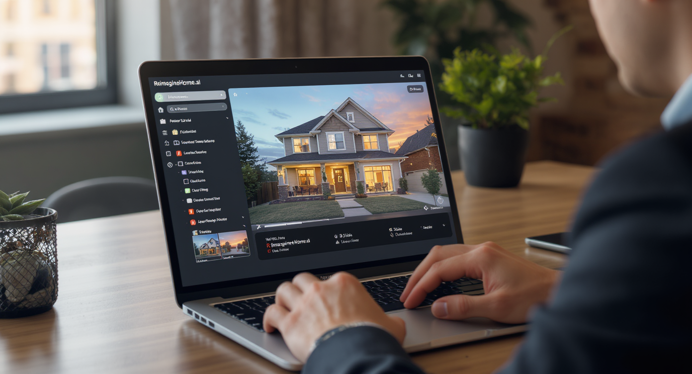 Realtor using ReimagineHome.ai on a laptop, converting a daytime home photo into warm dusk lighting, in a modern office setting.
