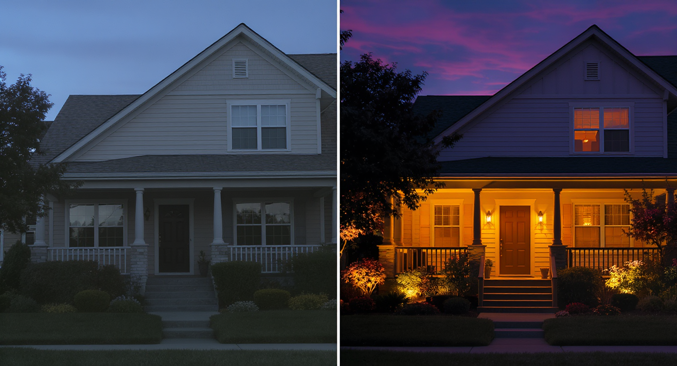 Split image of a home exterior showing washed-out daylight on left and warm, inviting twilight on right with glowing lights and vivid colors.