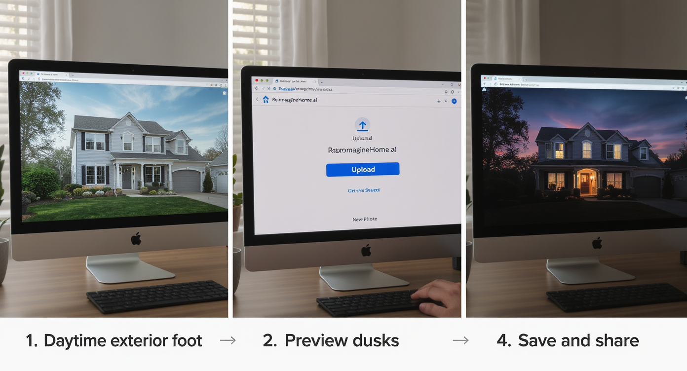 Sequence showing step-by-step use of ReimagineHome.ai: uploading, previewing dusk conversion, and saving the enhanced home photo.