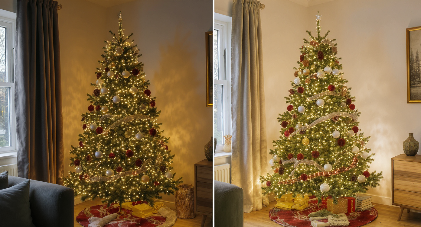 Room with a natural Christmas tree showing dense lights and plastic ornaments next to small image comparison of improved, evenly decorated tree with natural decor.