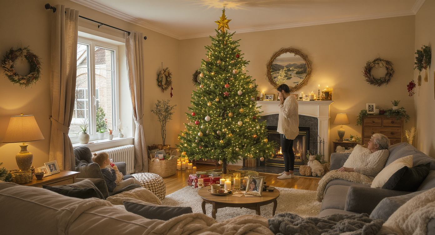 Lived-in family room with floated natural Christmas tree surrounded by warm wooden flooring and family members sharing the holiday ambiance.