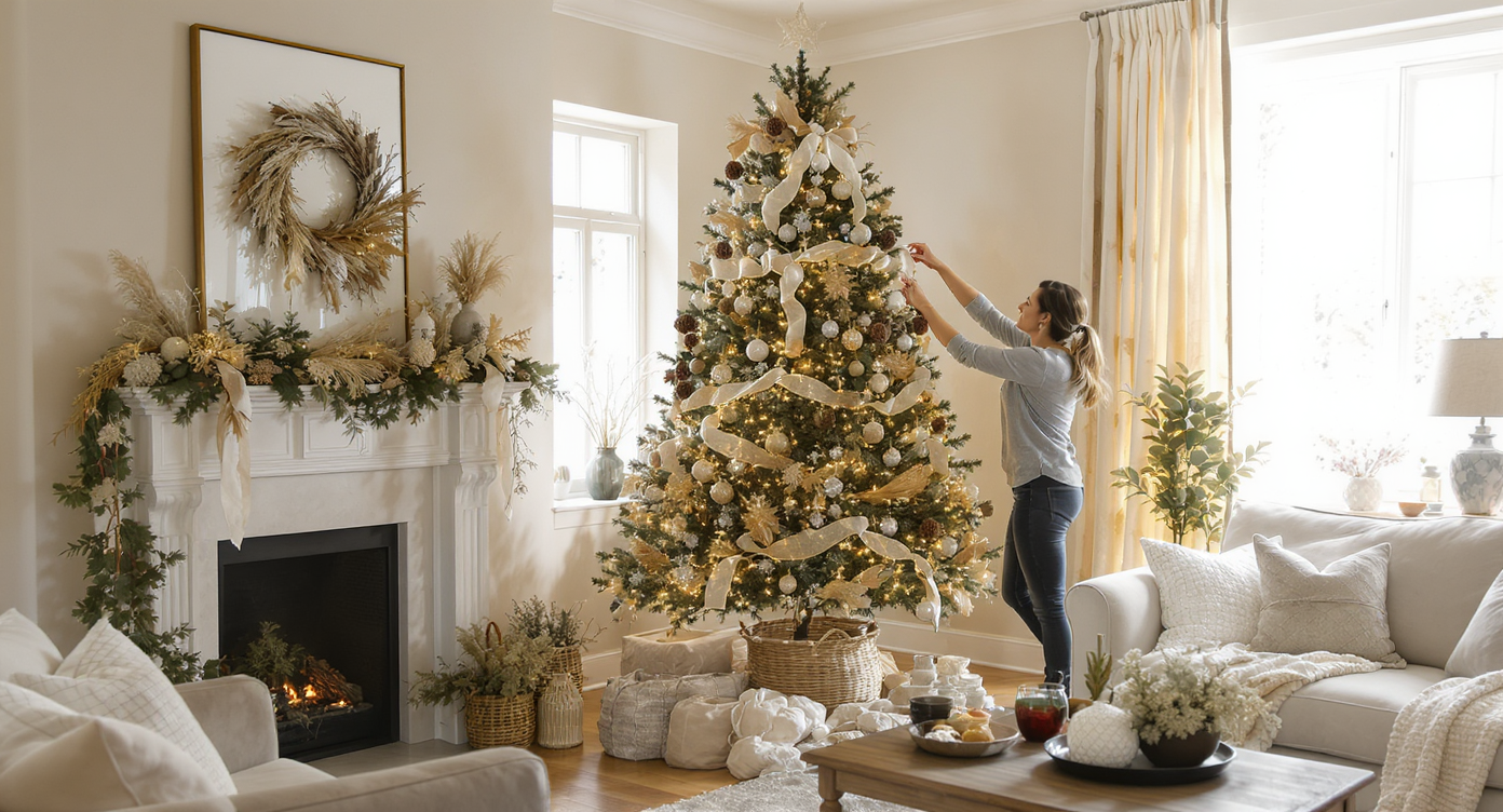 Living room with natural Christmas tree and repeated pinecone, ribbon, and dried botanicals in garlands, cushions, and centerpiece styled by a professional.