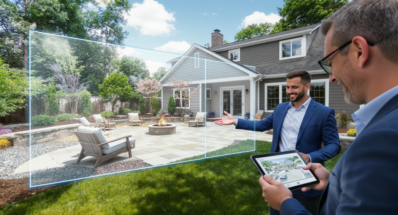 Realtor showing prospective buyers AI-generated hardscape images on tablet during an open house backyard visit in daylight.