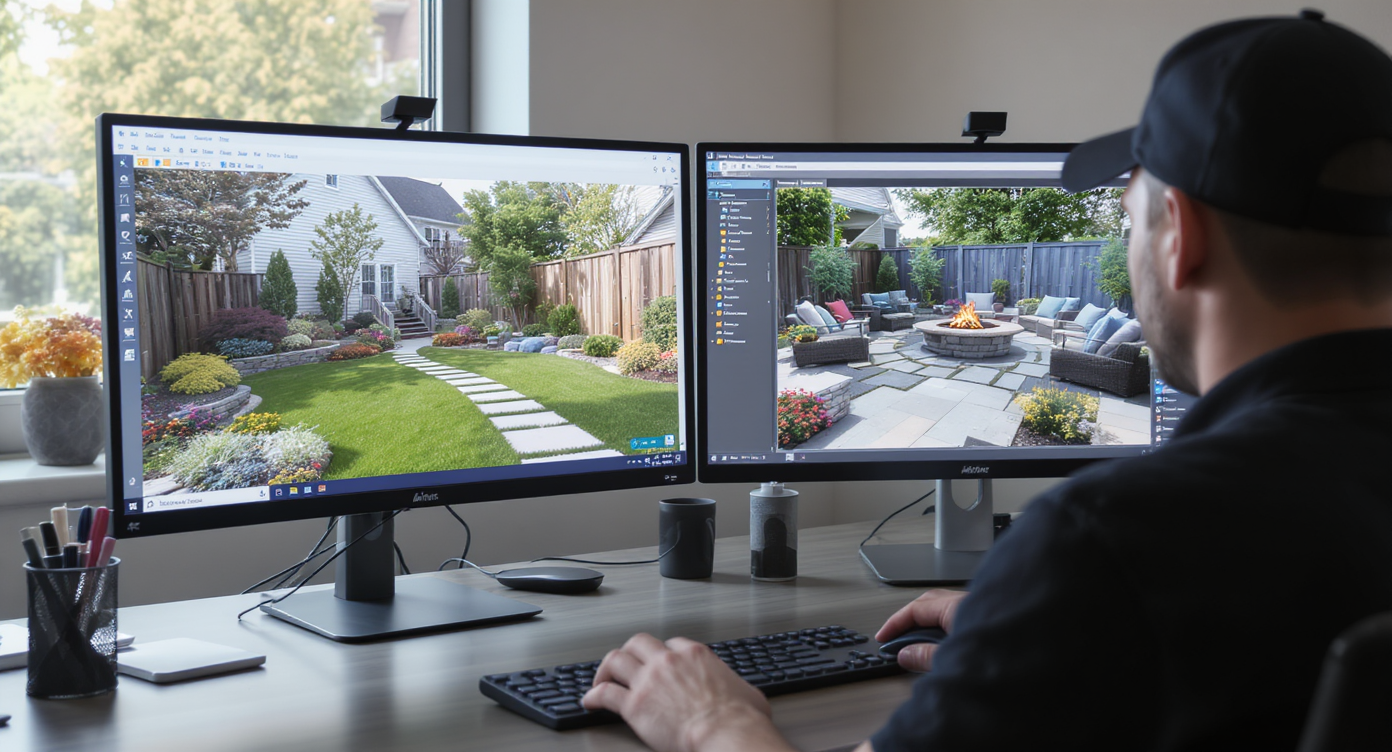 Designer using AI software on dual monitors to overlay 3D rendered stone walkway and fire pit on backyard photo.