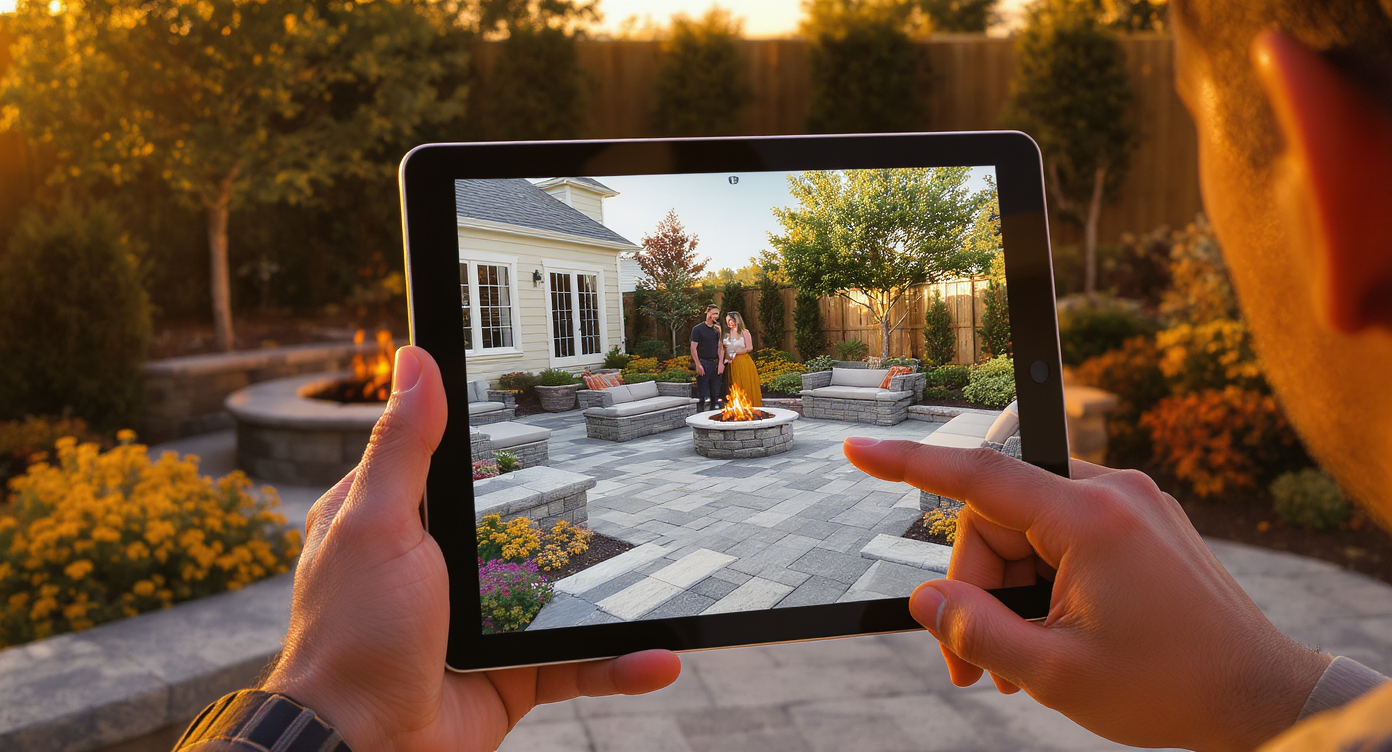 Landscape architect discussing realistic hardscape visualization on tablet with homeowners next to stone patio at sunset.