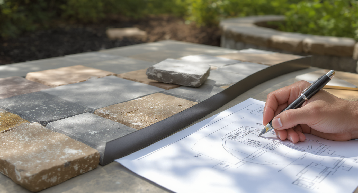 Close-up of hardscape materials like flagstone, pavers, retaining blocks on table with landscape sketches and partially built patio.