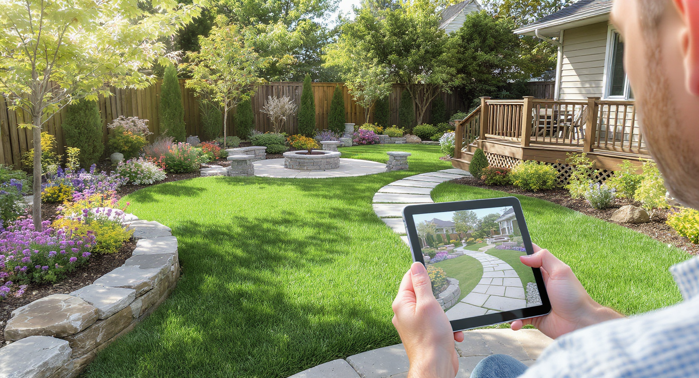 Homeowner using tablet showing AI visualization of new stone walkway and fire pit in landscaped backyard during daylight.