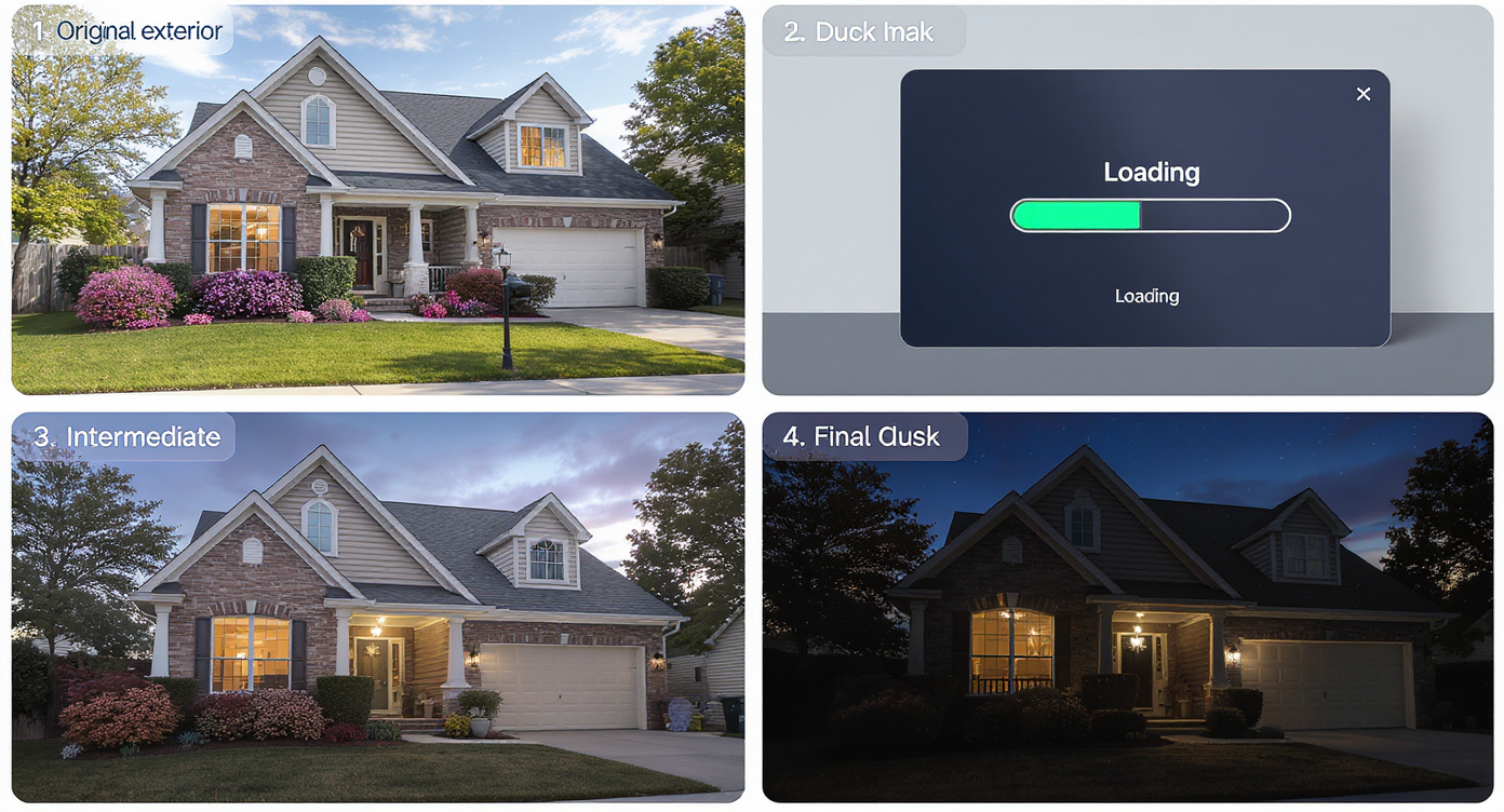 Visual tutorial of transforming a daytime home photo to dusk using ReimagineHome.ai’s stepwise AI editing process.
