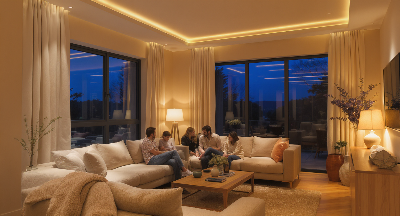 Cozy living room with warm twilight lighting, neutral tones, and a family enjoying a relaxed moment indoors.