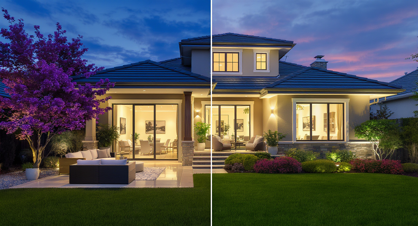 Twilight home photo enhanced with day-to-dusk effect, virtual staging furniture, and landscaped exterior for maximum appeal.