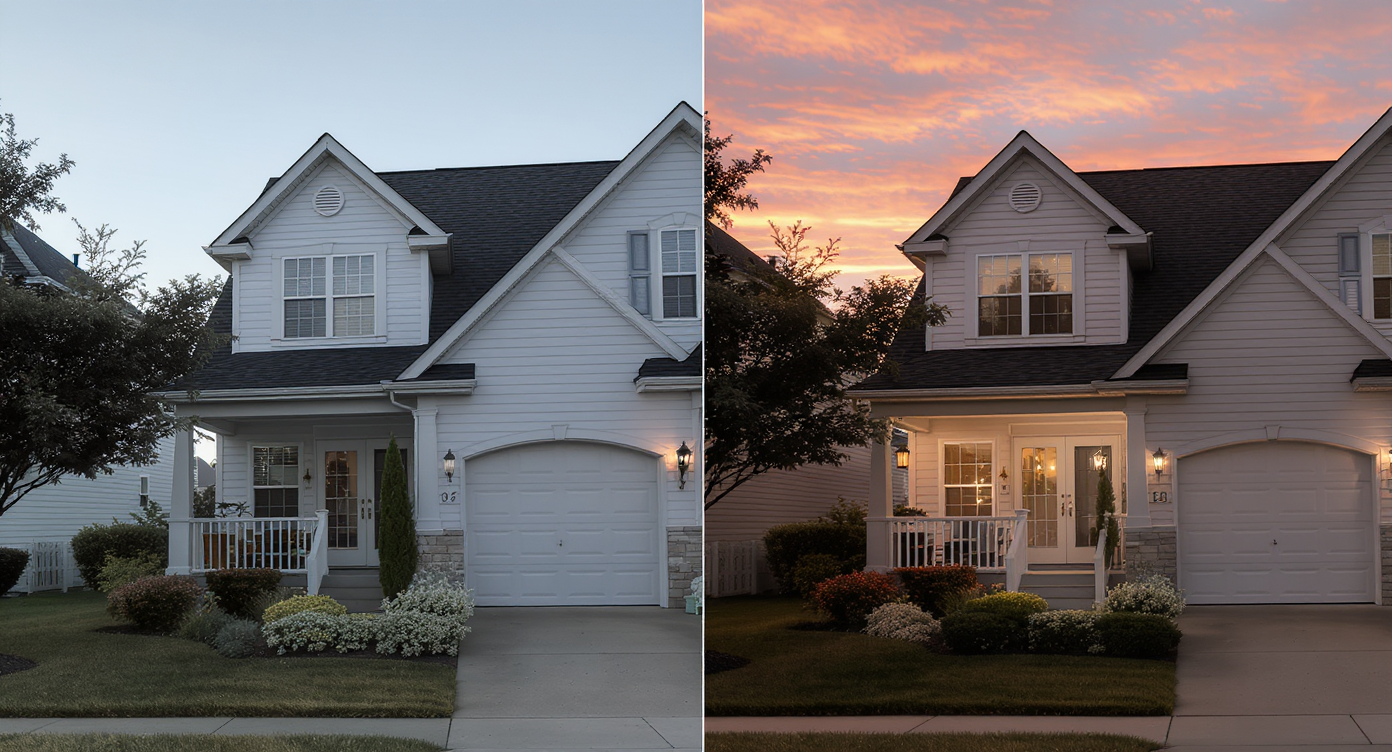 Comparison showing a home photo before and after subtle, realistic day-to-dusk editing with warm sky and consistent lighting.