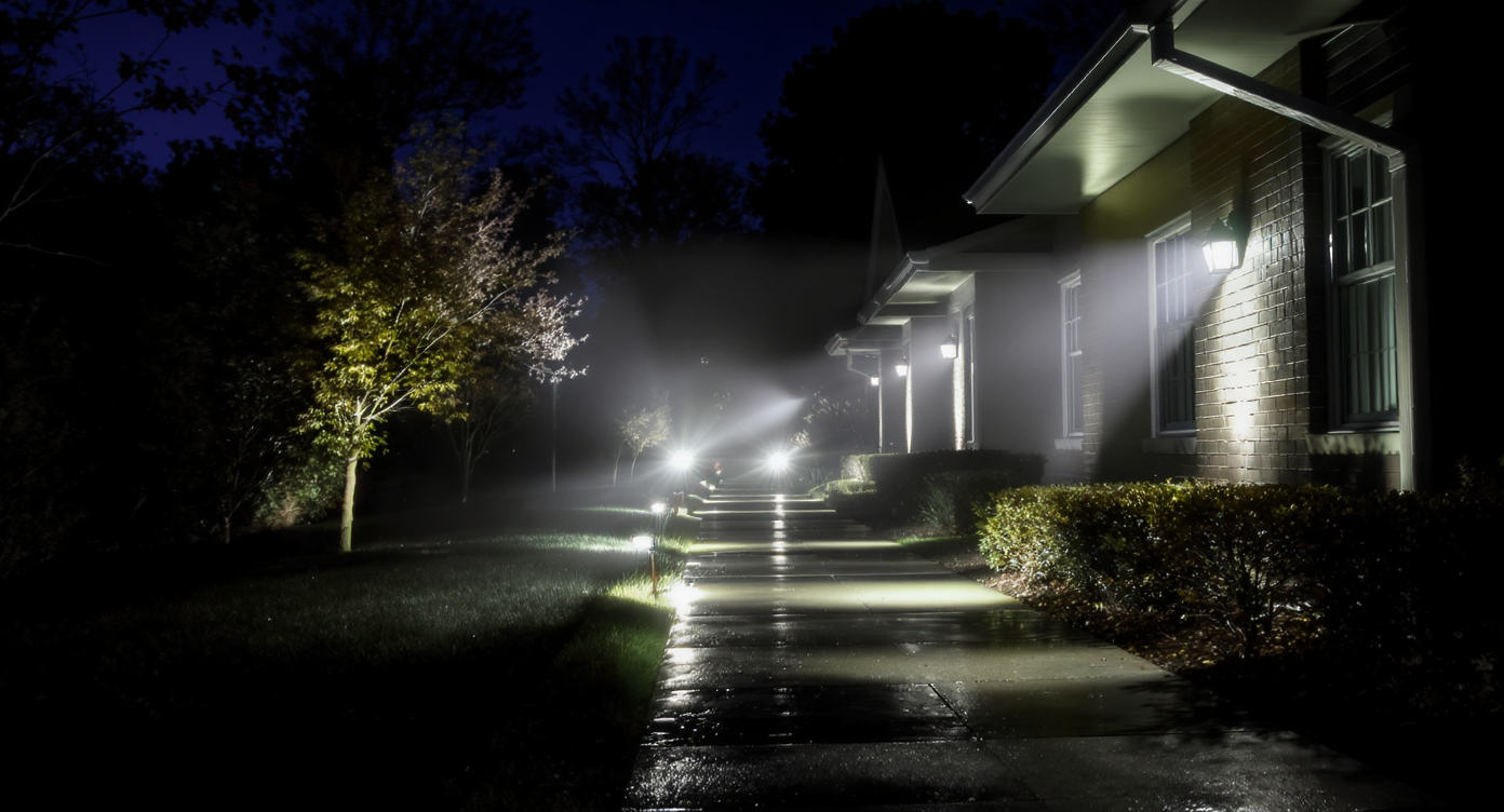 Outdoor walkway with harsh, excessive bright lights causing glare and uneven illumination at night.