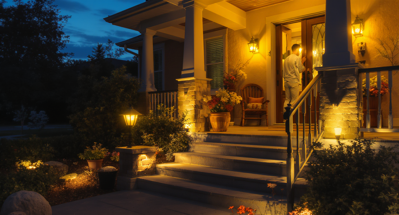 Twilight front porch lit with warm lights on steps and door, homeowner entering house safely.