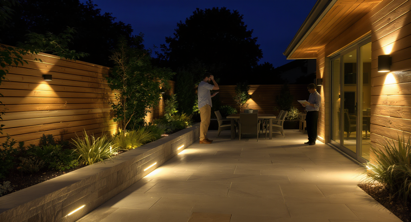 Backyard patio and path lit with warm LED lights; designer adjusting wall sconce for optimal effect.