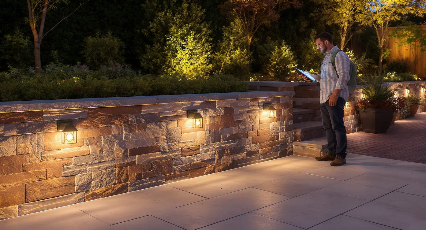 Homeowner reviewing lighting plans next to low-voltage LED fixtures softly lighting patio and garden wall.