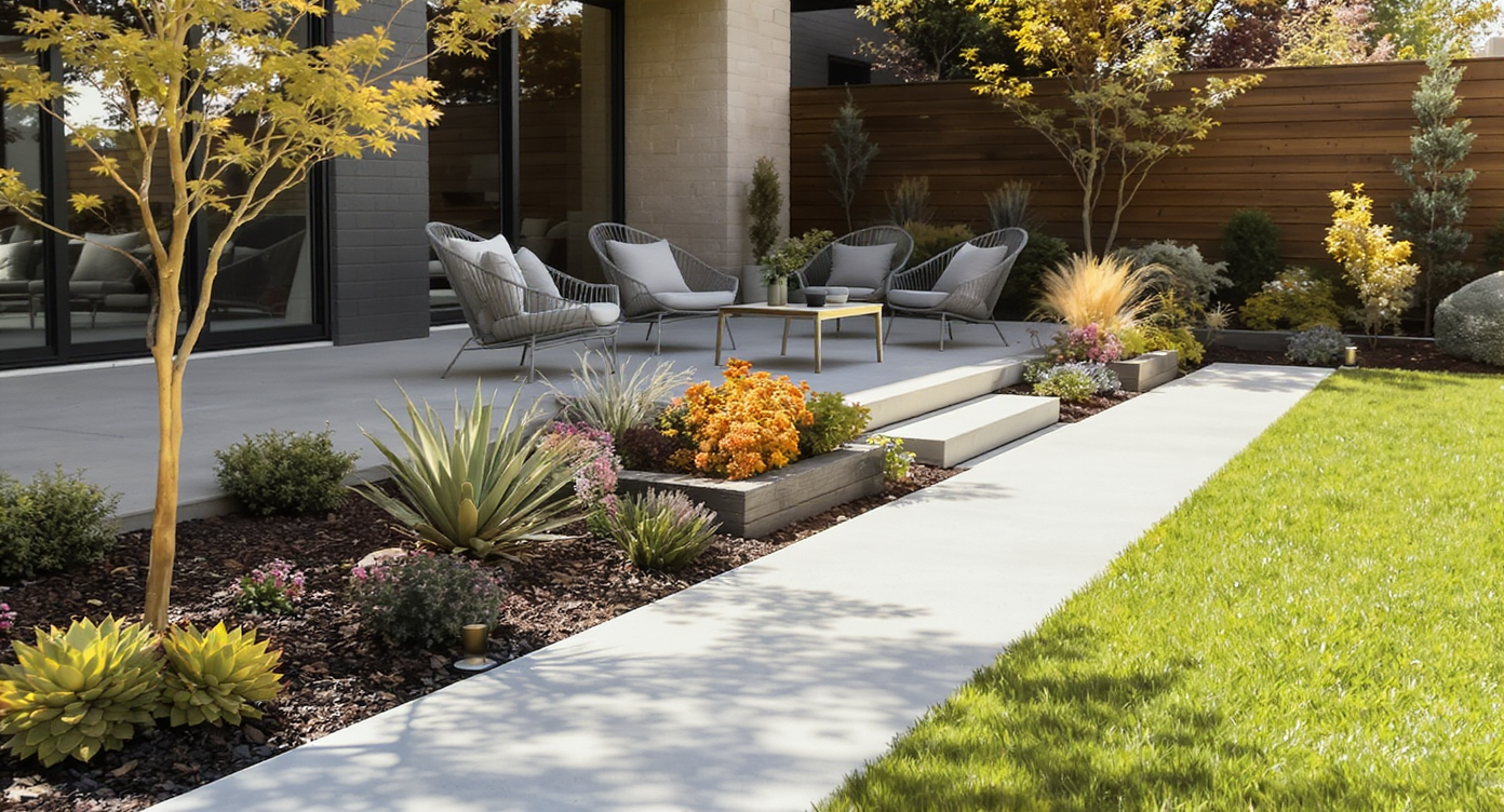 Modern concrete patio with metal furniture next to raised garden beds filled with succulents and flowering plants under warm sunlight.