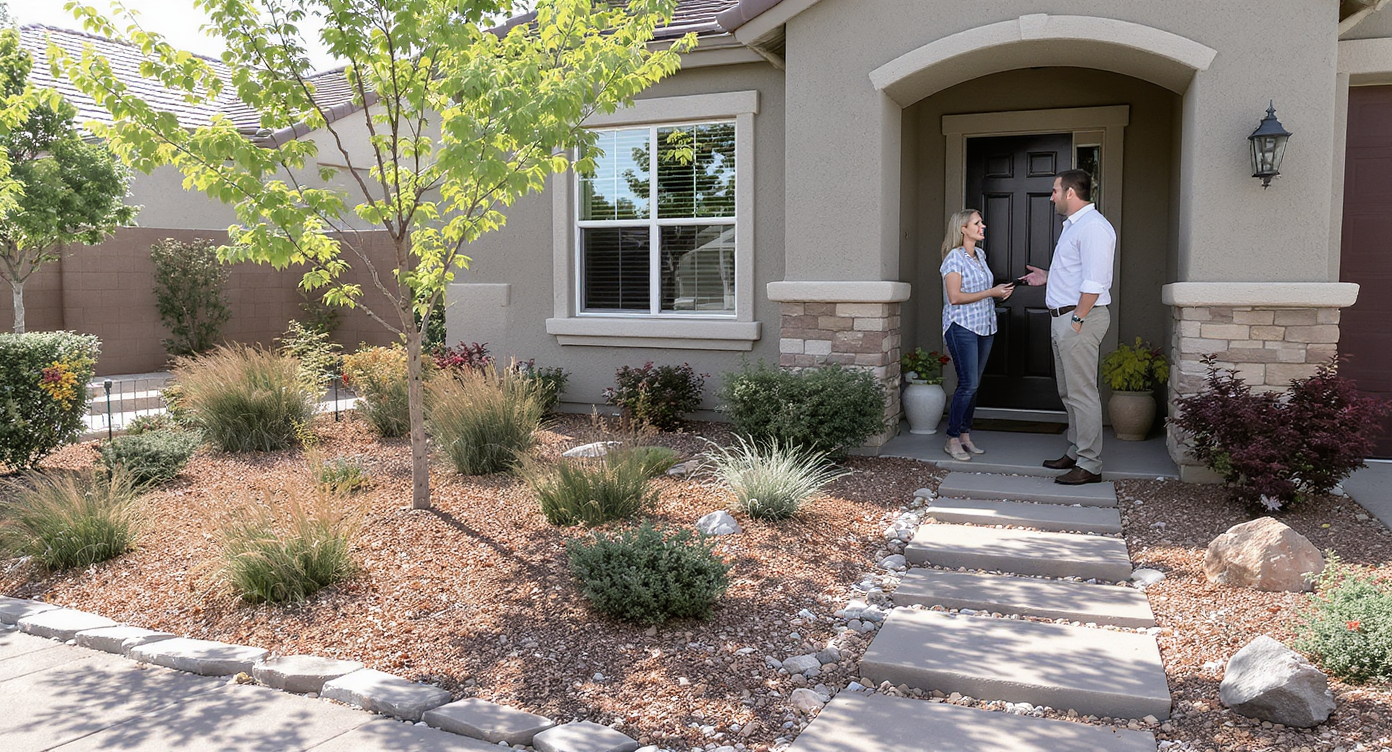 Front yard with drought-tolerant plants, gravel mulch, stone path, and real estate agent talking with homeowner in natural afternoon light.