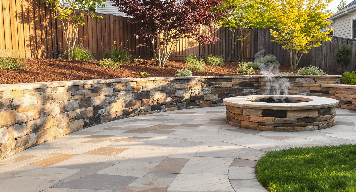 Backyard with multi-level stone retaining wall, flagstone walkway, built-in brick fire pit, and concrete seating under natural sunlight.