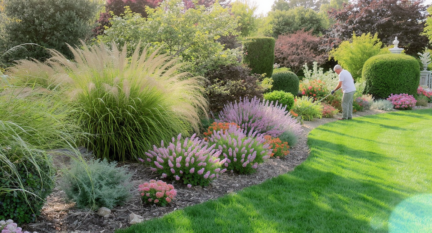 Vibrant garden with ornamental grasses, blooming hydrangeas, manicured shrubs, and a gardener tending plants on a soft dirt path in morning light.