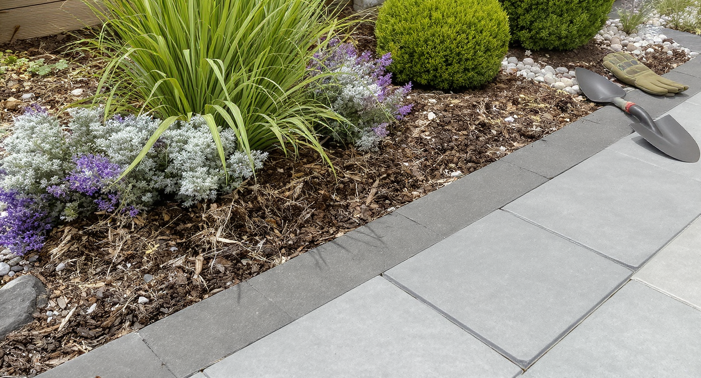 Detailed view of slate pavers bordered by lush green plants and flowering perennials with gardening tools nearby under bright daylight.