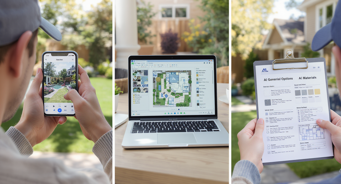 Homeowner capturing yard photo, uploading to AI design software, and reviewing printed hardscape plan.