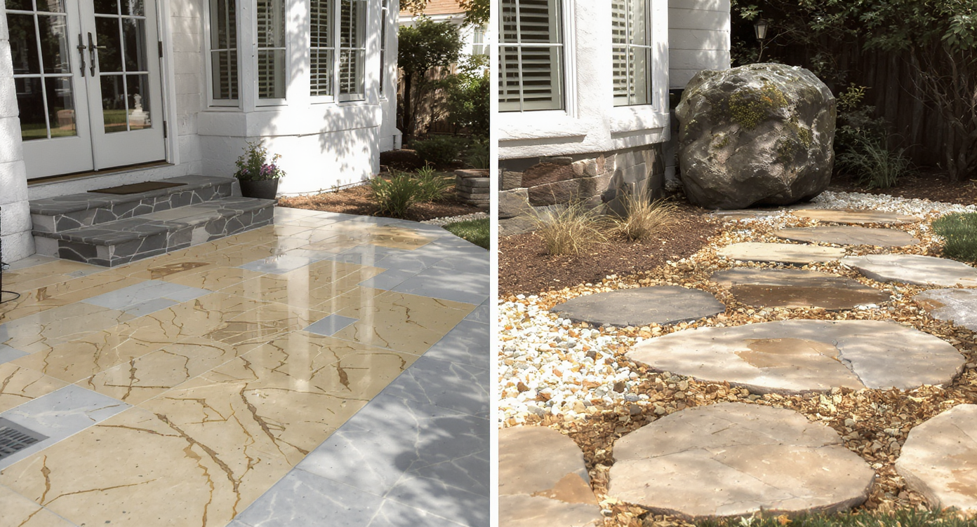 Comparison of expensive hardscape versus budget-friendly stylish patio with stamped concrete and gravel.