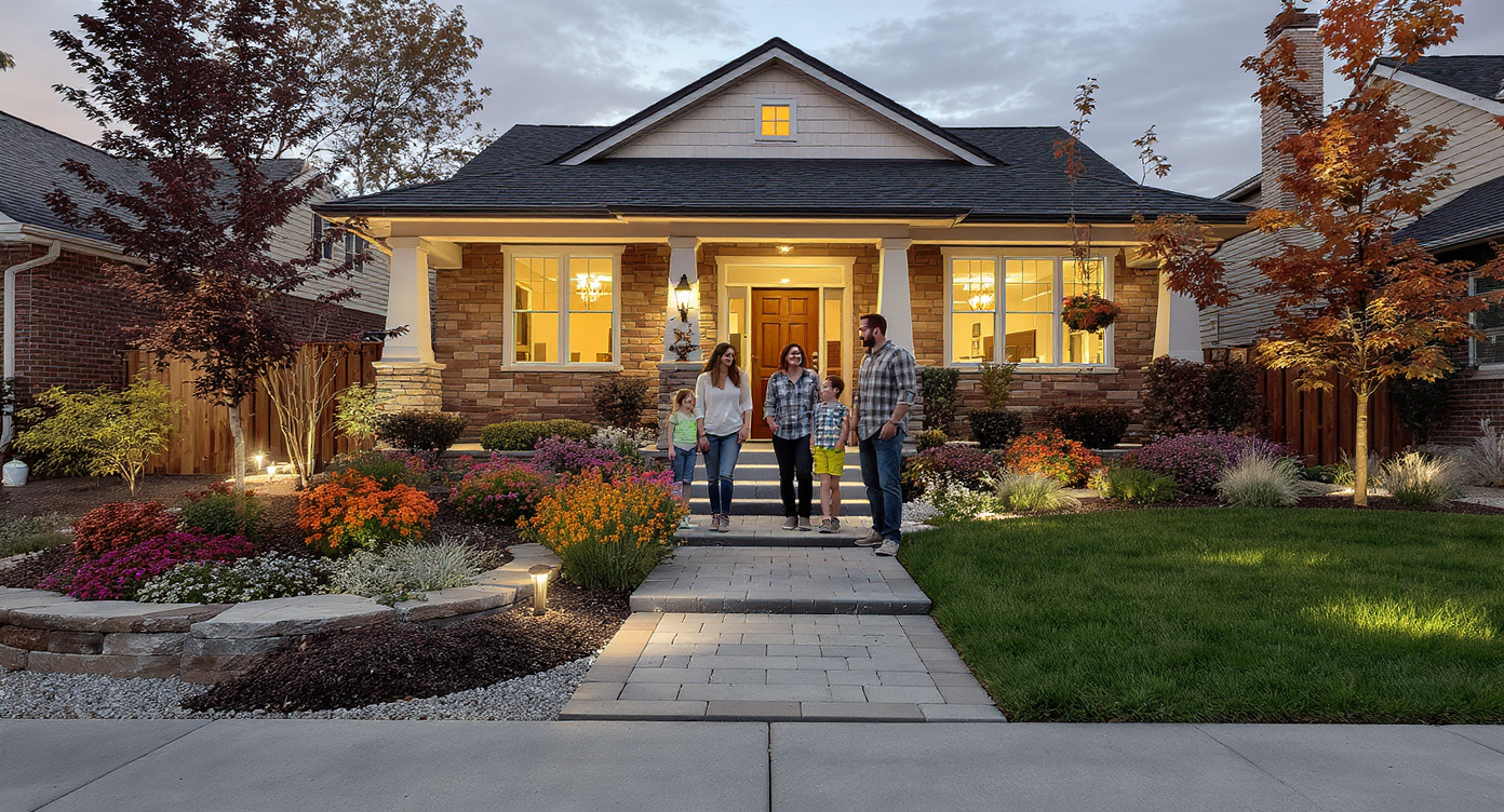 Happy family enjoying front yard with affordable paved walkway, stone planters, and warm lighting at dusk.